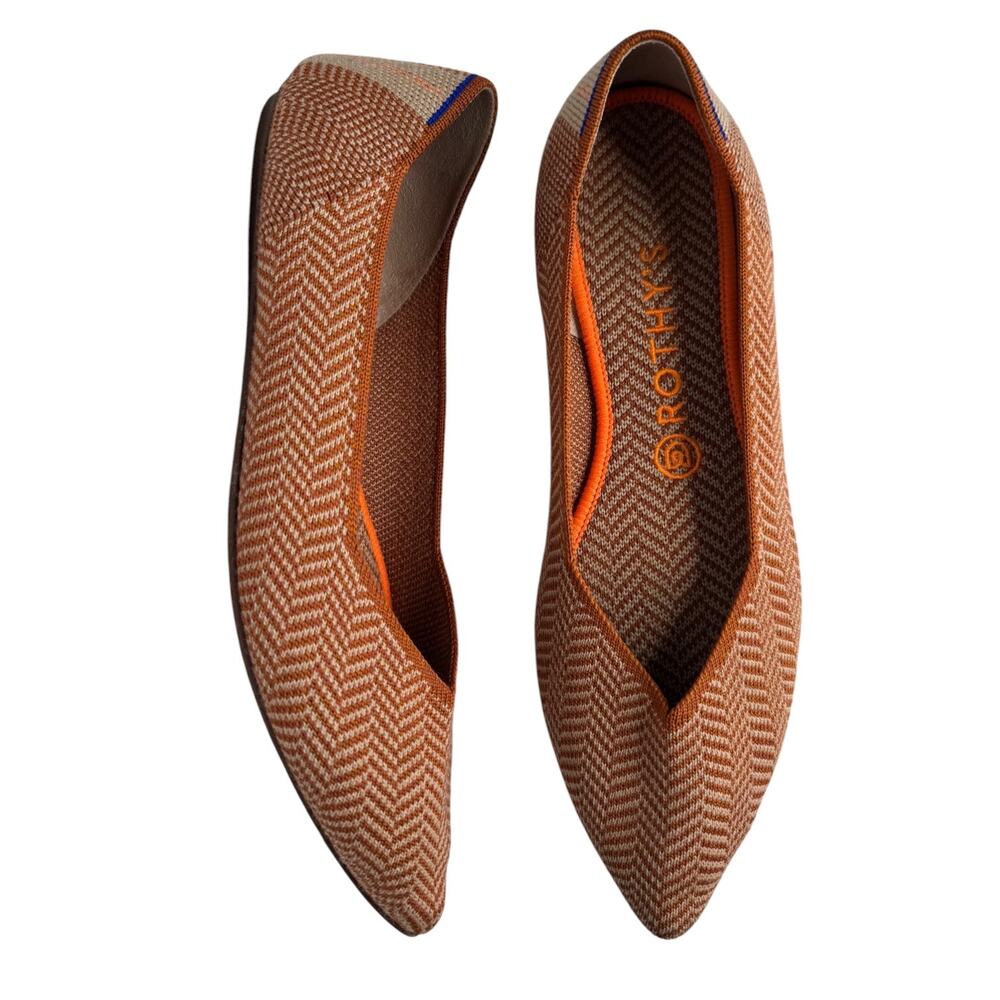 2010s Rothy’s Pointed Toe Knit Flats Orange Beige Chevron Size 9